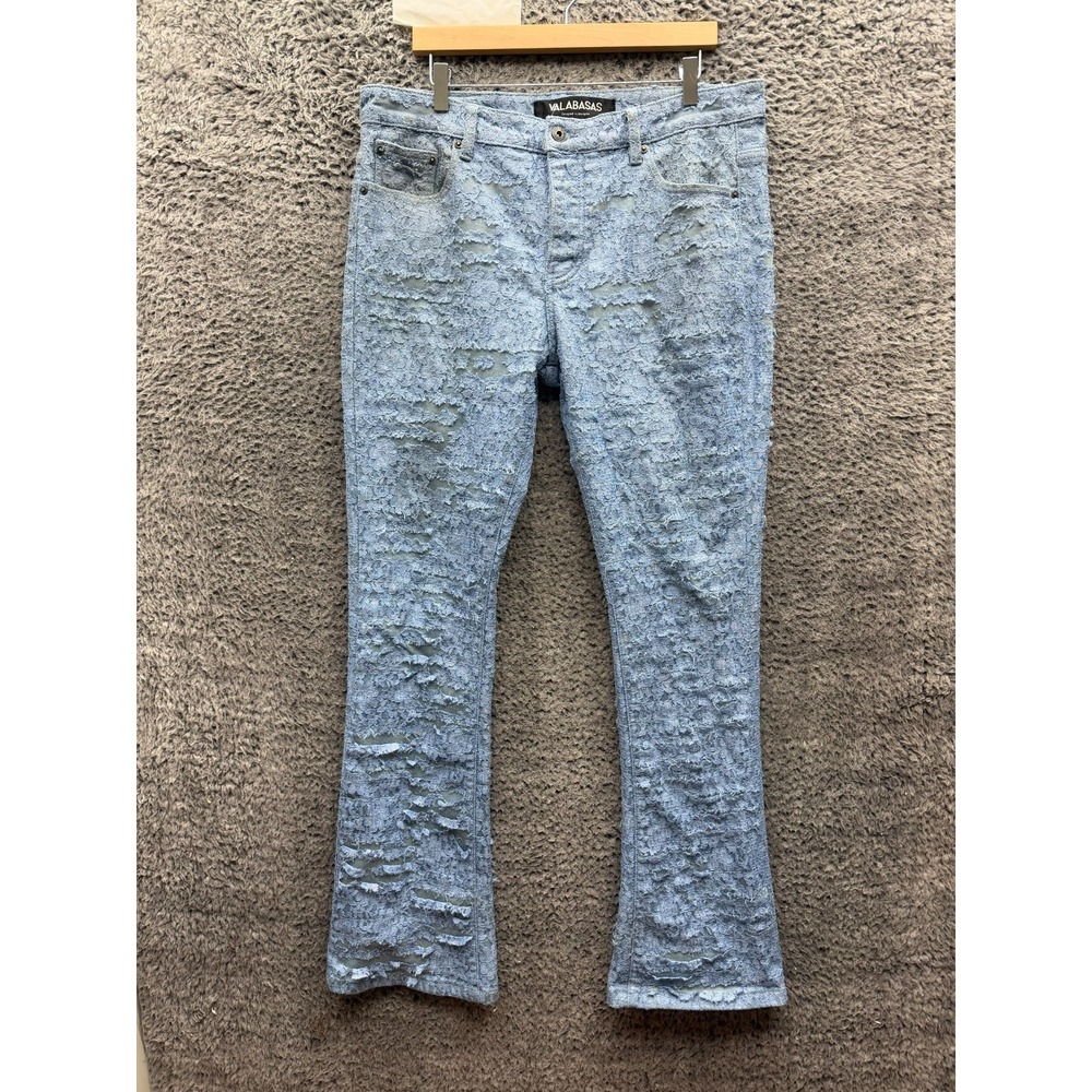 Valabasas Floral Lace Overlay Stacked Flare Button-Fly Denim Jeans Blue Size 36